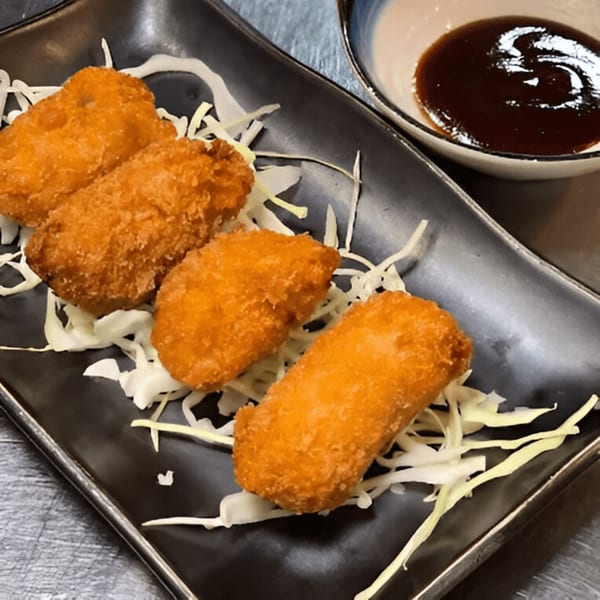 Four crispy fried shrimp croquettes on shredded cabbage with a side of dark dipping sauce.