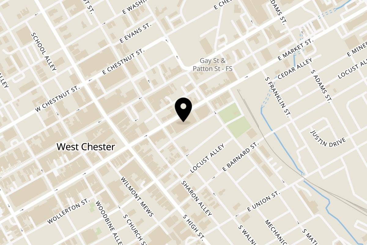 Map showing the location of Momoyama Ramen & Hawaiian BBQ West Chester on 124 E Market St c in West Chester